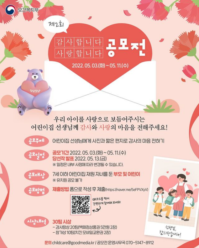 보건복지부
제2회
감사합니다
사랑합니다 공모전
2022.05.03.()~05.11.(+)
우리 아이를 사랑으로 보듬어주시는
어린이집 선생님께 감사와 사랑의 마음을 전해주세요!
공모주제 어린이집 선생님에게 사진과 짧은 편지로 감사의 마음 전하기
공모기간 2022.05.03.(화) ~ 05. 11.(수)
공모일정 당선작 발표 2022.05.13.(금)
※일정은 내부 사정에 따라 변경될 수 있습니다.
공모대상 7세이하 어린이집 재원 자녀를 둔 부모 및 어린이
※유치원 공모 불가
공모방법
제출방법 폼으로 작성 후 제출(https://naver.me/5eFPVXy/)
QR코드를 찍어
간편하게 참여해보세요!
시상내역 30팀 시상
-감사랑상 20팀(백화점상품권 5만원 2장)
선생님,
-참가상 10팀(치킨모바일교환권 2장)
문의 childcare@goodmedia.kr/ 공모전 운영사무국 070-5147-8912
감사합니다!
