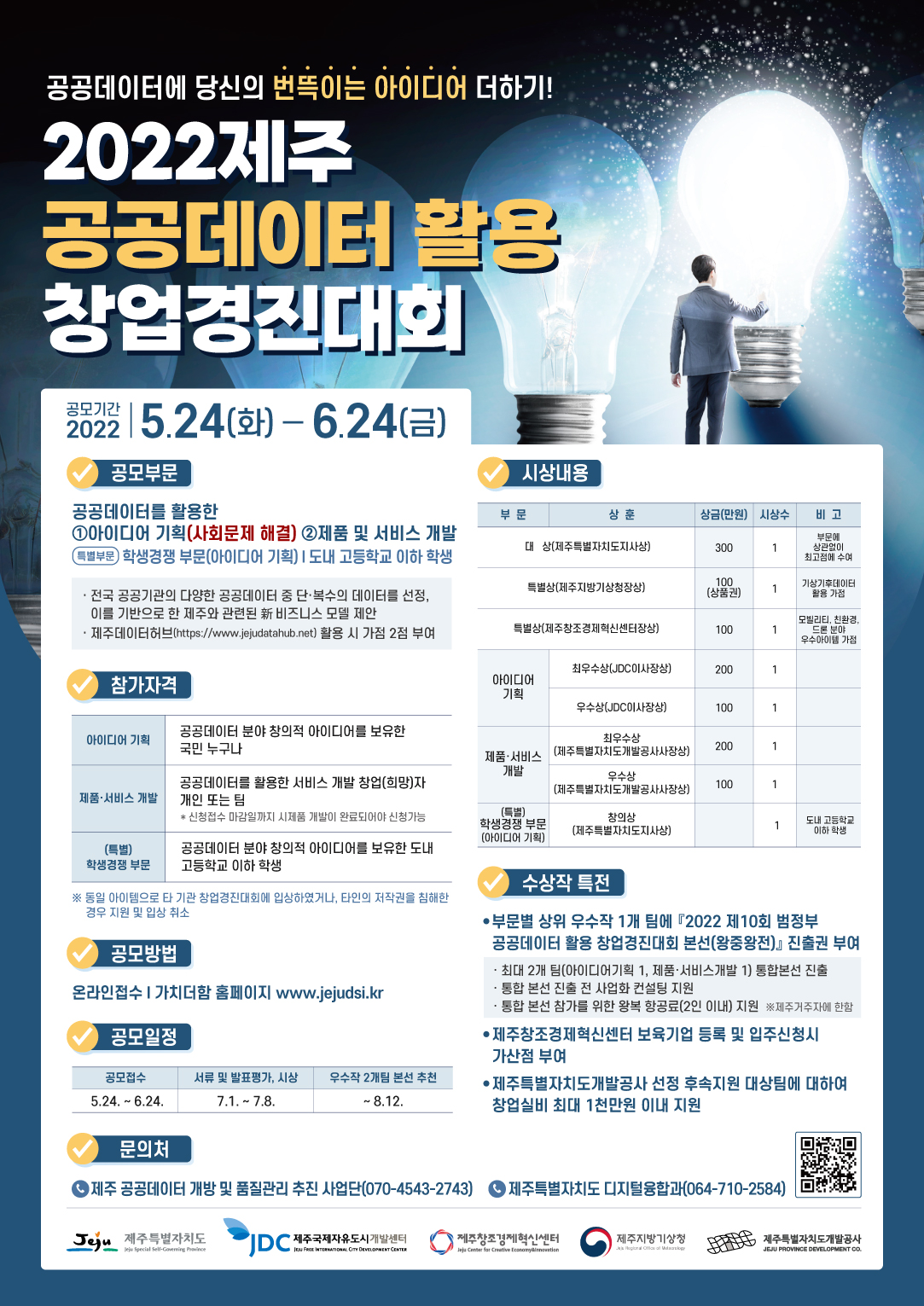 공공데이터에 당신의 번뜩이는 아이디어 더하기!
2022제주 공공데이터 활용 창업경진대회
공모기간
2022 5.24(화)-6.24(금)
공모부문
공공데이터를 활용한 1아이디어 기획(사회문제 해결) 2제품 및 서비스 개발 
특별부문 학생경쟁 부문(아이디어 기획) 도내 고등학교 이하 학생
ᆞ전국 공공기관의 다양한 공공데이터 중단·복수의 데이터를 선정, 이를 기반으로 한 제주와 관련된 비즈니스 모델 제안
•제주데이터허브(https://www.jejudatahub.net) 활용 시 가점 2점 부여 
참가자격
아이디어 기획  공공데이터 분야 창의적 아이디어를 보유한 국민 누구나 
제품·서비스 개발
공공데이터를 활용한 서비스 개발 창업(희망)자 개인 또는 팀 *신청접수 마감일까지 시제품 개발이 완료되어야 신청가능 
(특별) 학생경쟁 부문 공공데이터 분야 창의적 아이디어를 보유한 도내 고등학교 이하 학생 
※동일 아이템으로 타 기관 창업경진대회에 입상하였거나, 타인의 저작권을 침해한 경우 지원 및 입상 취소 
공모방법
온라인접수 | 가치더함 홈페이지 www.jejudsi.kr
공모일정
공모접수 5.24. 6.24.
서류 및 발표평가, 시상 7.1.~7.8. 우수작 2개팀 본선 추천 ~8.12.
시상내용 부문 상훈 상금(만원) 시상수 비고
대상(제주특별자치도지사상) 300 1 부문에 상관없이 최고점에 수여
특별상(제주지방기상청장상) 100(상품권) 1 기상기후데이터 활용 가점
특별상(제주창조경제혁신센터장상) 100 1 모빌리티, 친환경,드론 분야 우수아이템 가점
아이디어 기획 최우수상(JDC이사장상) 200 1 우수상(JDC이사장상) 100 1 
제품·서비스 개발 최우수상 (제주특별자치도개발공사사장상) 200 1 우수상(제주특별자치도개발공사사장상) 100 1 
(특별) 학생경쟁 부문 창의상(제주특별자치도지사상) 1 도내 고등학교이하 학생 
수상작 특전
• 부문별 상위 우수작 1개 팀에 『2022 제10회 범정부
공공데이터 활용 창업경진대회 본선(왕중왕전)』진출권 부여
・최대 2개 팀(아이디어기획 1, 제품·서비스개발 1) 통합본선 진출
・통합 본선 진출 전 사업화 컨설팅 지원
・통합 본선 참가를 위한 왕복 항공료(2인 이내) 지원 ※제주거주자에 한함
・제주창조경제혁신센터 보육기업 등록 및 입주신청시 가산점 부여
・제주특별자치도개발공사 선정 후속지원 대상팀에 대하여 창업실비 최대 1천만원 이내 지원
문의처
제주 공공데이터 개방 및 품질관리 추진 사업단(070-4543-2743) 제주특별자치도 디지털융합과(064-710-2584)
Jeju 제주특별자치도 JDC 제주국제자유도시개발센터 제주창조경제혁신센터 제주지방기상청 제주특별자치도개발공사